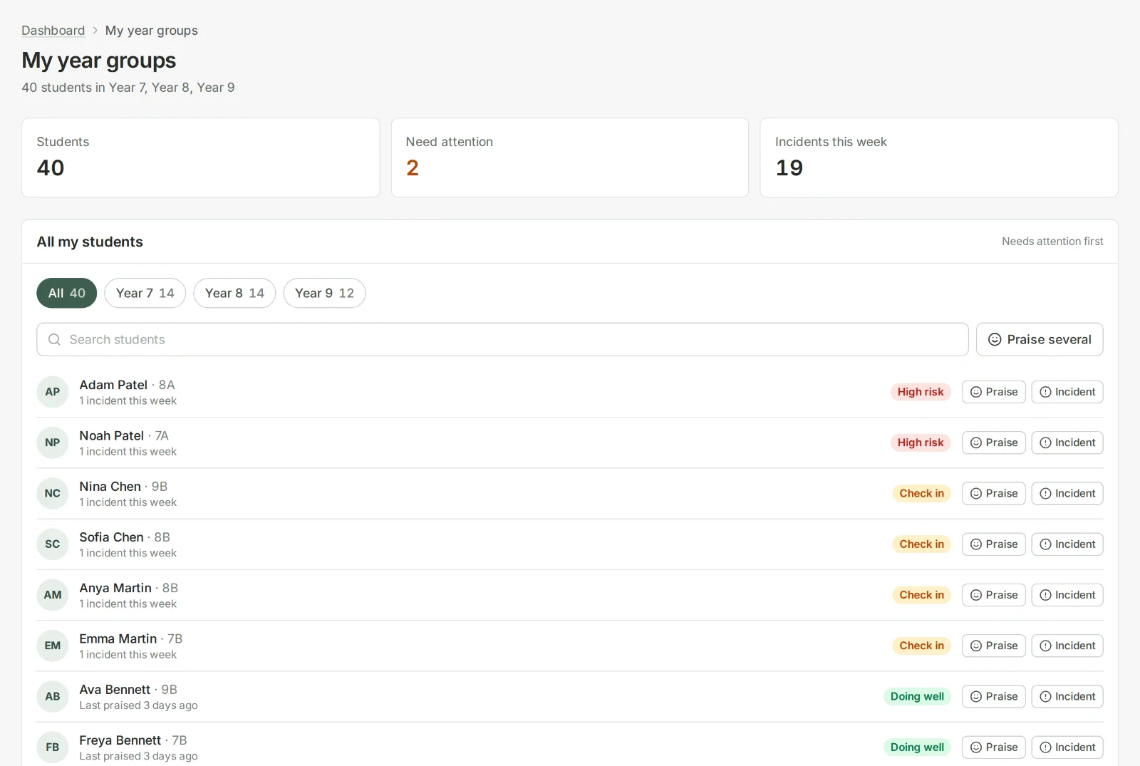 The student list in Behaviour Brain, with buttons to recognise a student or log an incident on every row.
